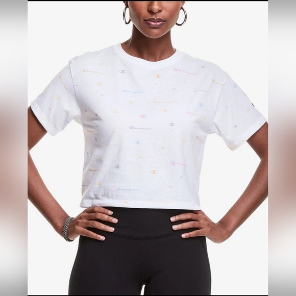 Champion Women's Cropped White Mult-Color Logo Print T-Shirt Size Small EUC - Picture 2 of 15